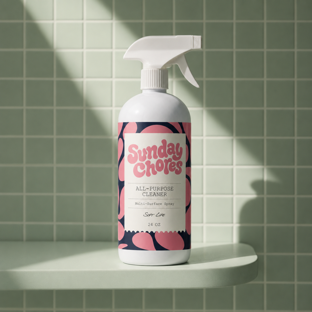 Sunday Chores Soft Life multi-surface cleaner spray bottle sitting on a mint green bathroom shelf against a soft green tiled wall.