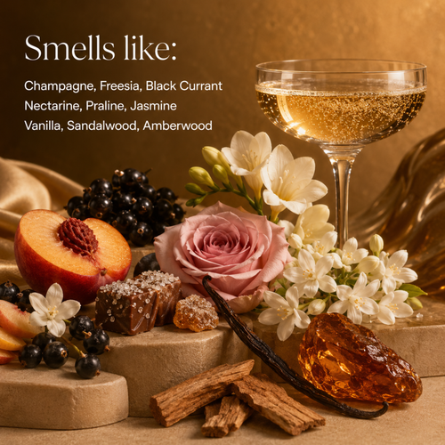 Fine fragrance note collage for Sunday Chores Soft Life spray featuring a champagne coupe glass, fresh peach, roses, vanilla beans, pralines, and sandalwood blocks.